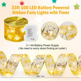 Minetom Christmas Tree Ribbon String Lights - 33ft 100 LED Battery Powered Fairy Lights with Timer and 8 Lighting Modes, Christmas Ribbon Bows Lights for 6ft - 8ft Christmas Tree New Year Decor, Gold Minetom