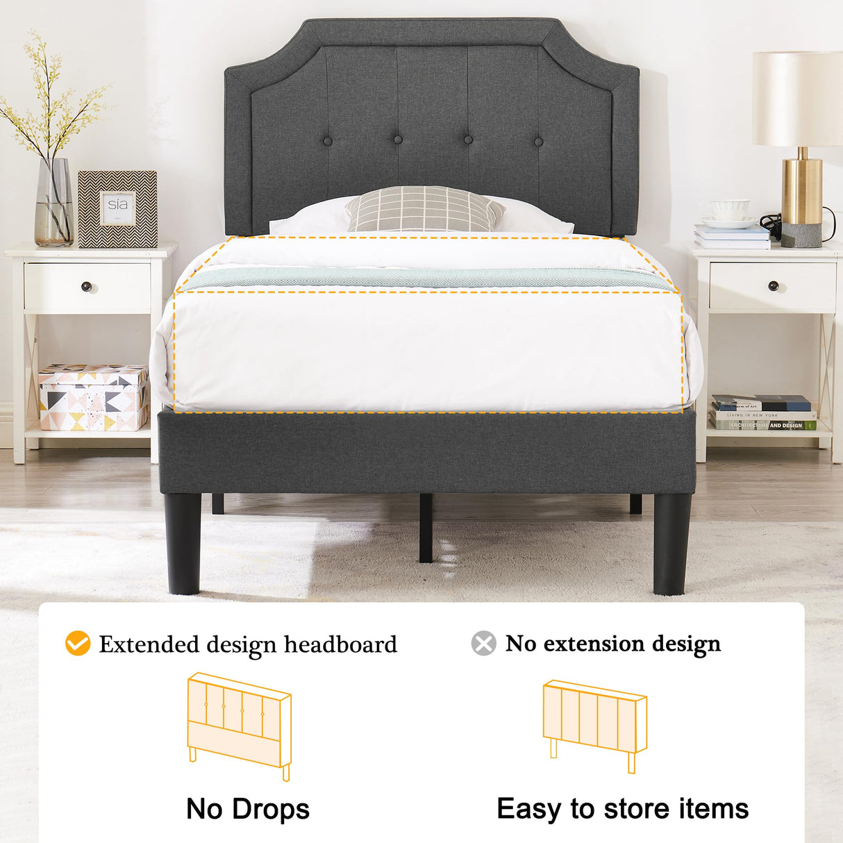 VECELO Twin Size Platform Bed Frame with Fabric Upholstered Headboard and Wooden Slats Support, No Box Spring Needed/Easy Assembly,Grey VECELO