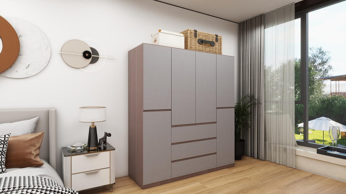 GraceGrove 4-Door Wooden Gray Armoire Wardrobe Closet with 3 Drawers for Bedroom Storage Wardrobe Closet Wood with Hanging Rod with Large Storage Wardrobe with Drawers 63" L x 20.3" W x 72" H GraceGrove