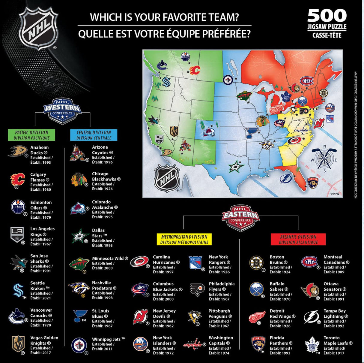 MasterPieces Sports Puzzle - All Teams 500 Piece Jigsaw Puzzle for Adults - NHL League Hockey Map - 21 x 15 Masterpieces