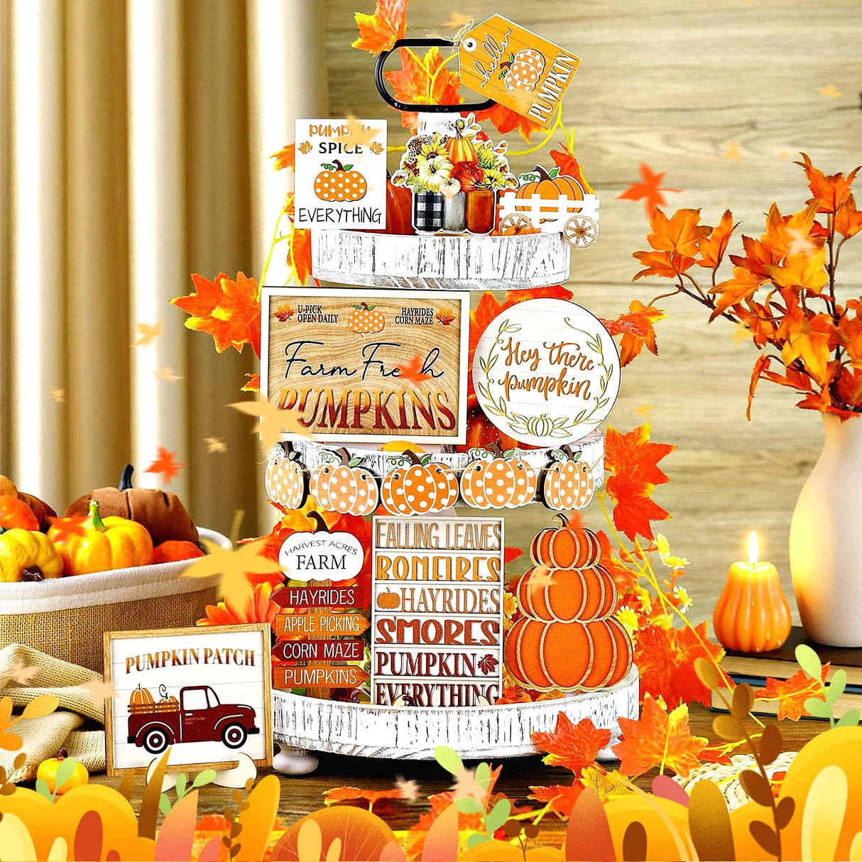 Thanksgiving Tiered Tray Decor Set Pumpkin Home Decorations Rustic Farmhouse Truck Wooden Sign Spice Blocks Autumn Sign for Festival Gift Tabletop (Pumpkin) LWuuywa