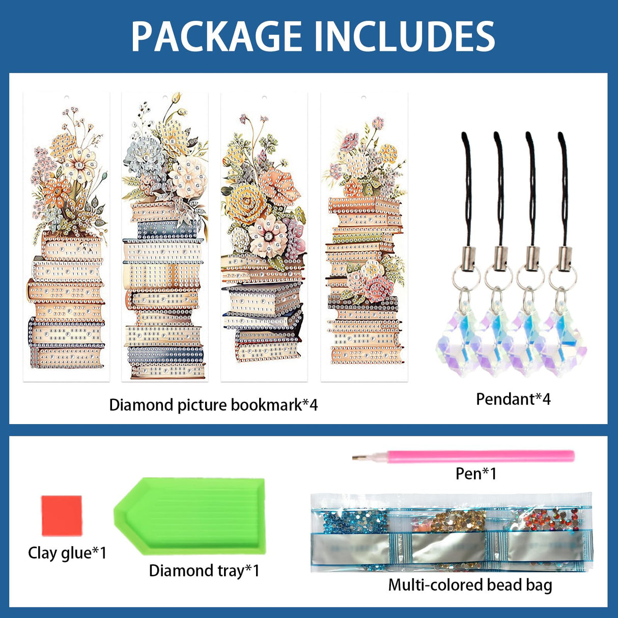4 Pack Book and Flower Diamond Painting Bookmark Kits, Special Shaped Diamond Art Bookmarks with Pendant, DIY Handmade Crafts Home Office Supplies Reading Bookmark, Perfect Gift for Book Lovers Focart