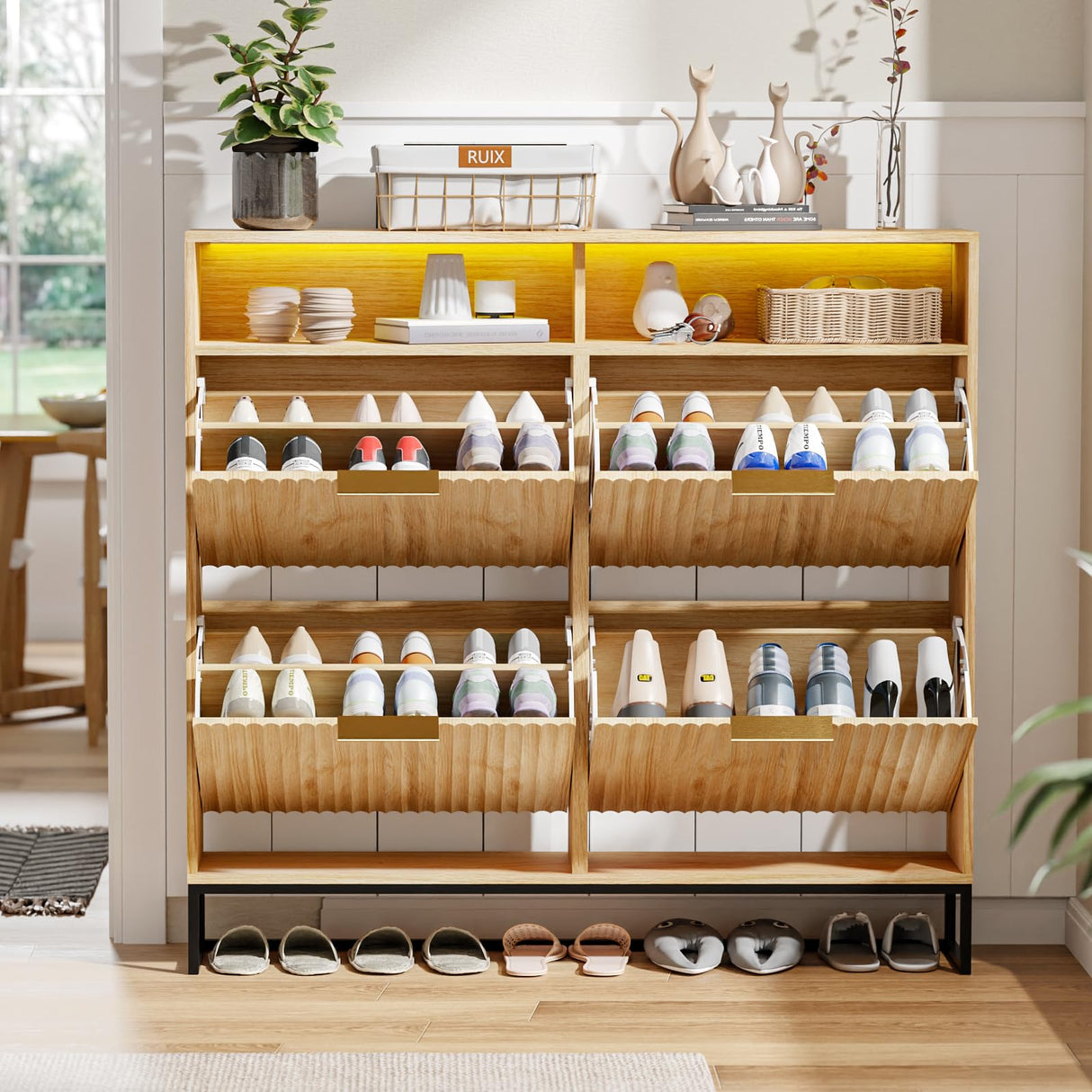 VINGLI Fluted Shoe Cabinet Storage for Entryway,Hidden Shoes Storage Cabinet with 4 Flip Drawers, Mid Century Modern Shoe Rack with LED Light,Shoes Organizer with Cubby for Hallway(Natural Oak) VINGLI