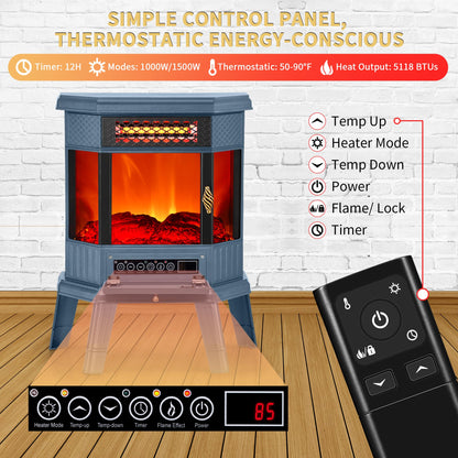 RealSmart Electric Fireplace Heater 22 in Freestanding Fireplace Stove Infrared Fireplace with 3D Flame Effect Remoted Control, Timer, Overheating Protection (Blue)