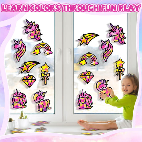 QOUBAI 32 Sets Unicorn Rainbow Suncatchers Craft Kit DIY Window Stained Glass Effect Diamond Star bow Paper Crafts Home School Classroom Decoration Kid Birthday Gift Creative Art Project Activity Game QOUBAI