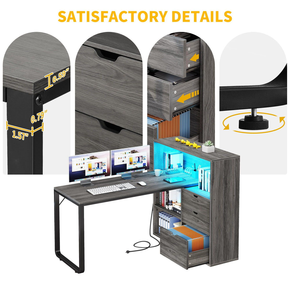DWVO L Shaped Desk with Drawers & Power Outlets, 55" Computer Desk with Bookshelf, Corner Desk Home Office Desk with Storage Shelves & LED Lights, Grey DWVO