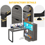 DWVO L Shaped Desk with Drawers & Power Outlets, 55" Computer Desk with Bookshelf, Corner Desk Home Office Desk with Storage Shelves & LED Lights, Grey DWVO