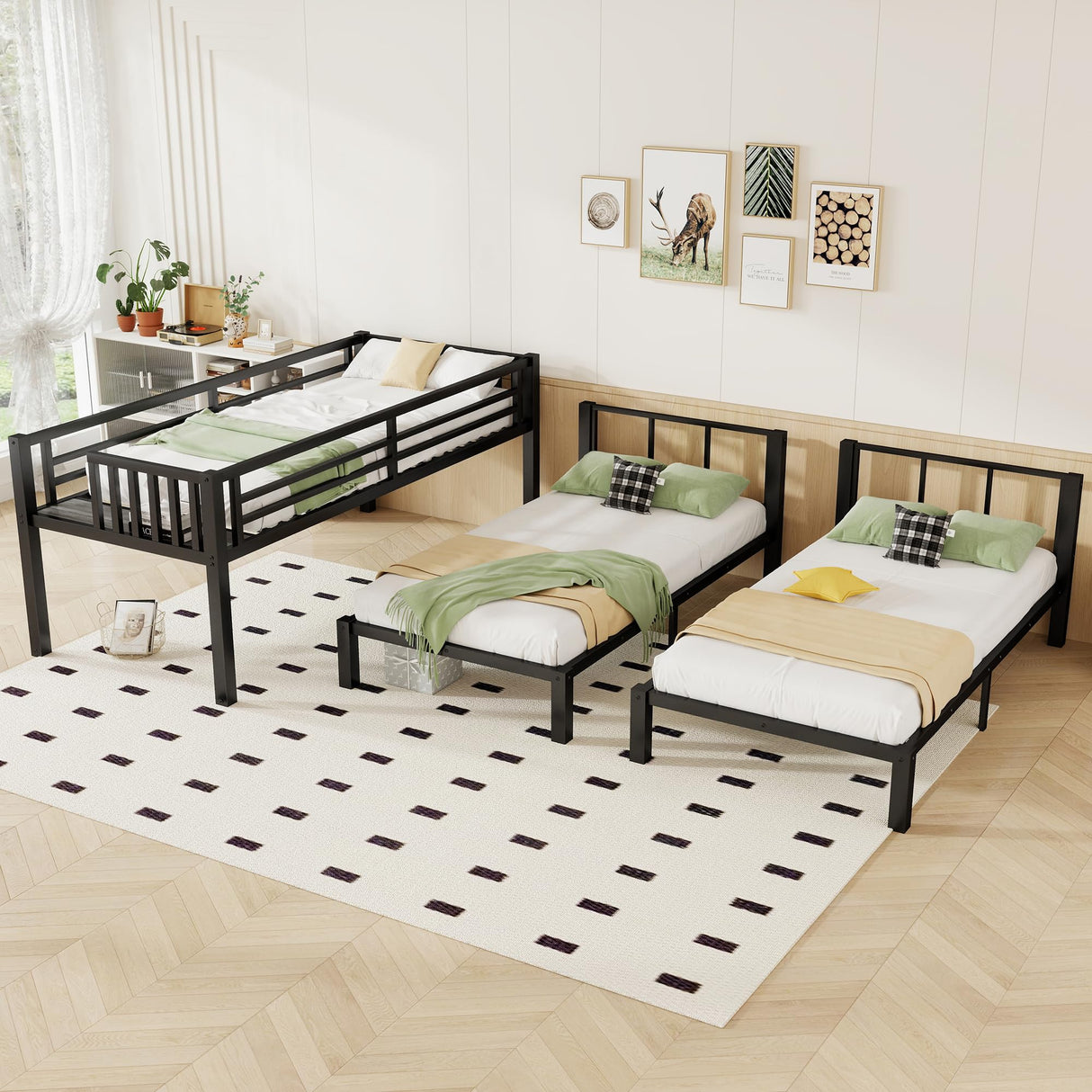 Mirightone Triple Bunk Bed Metal 3 Bed Bunk Beds for Kids Twin Over Twin Bunk Beds for 3 with Safety Guardrail for Teens Adults, Can Be Separated into 3 Twin Beds, Noise Free, Black Mirightone