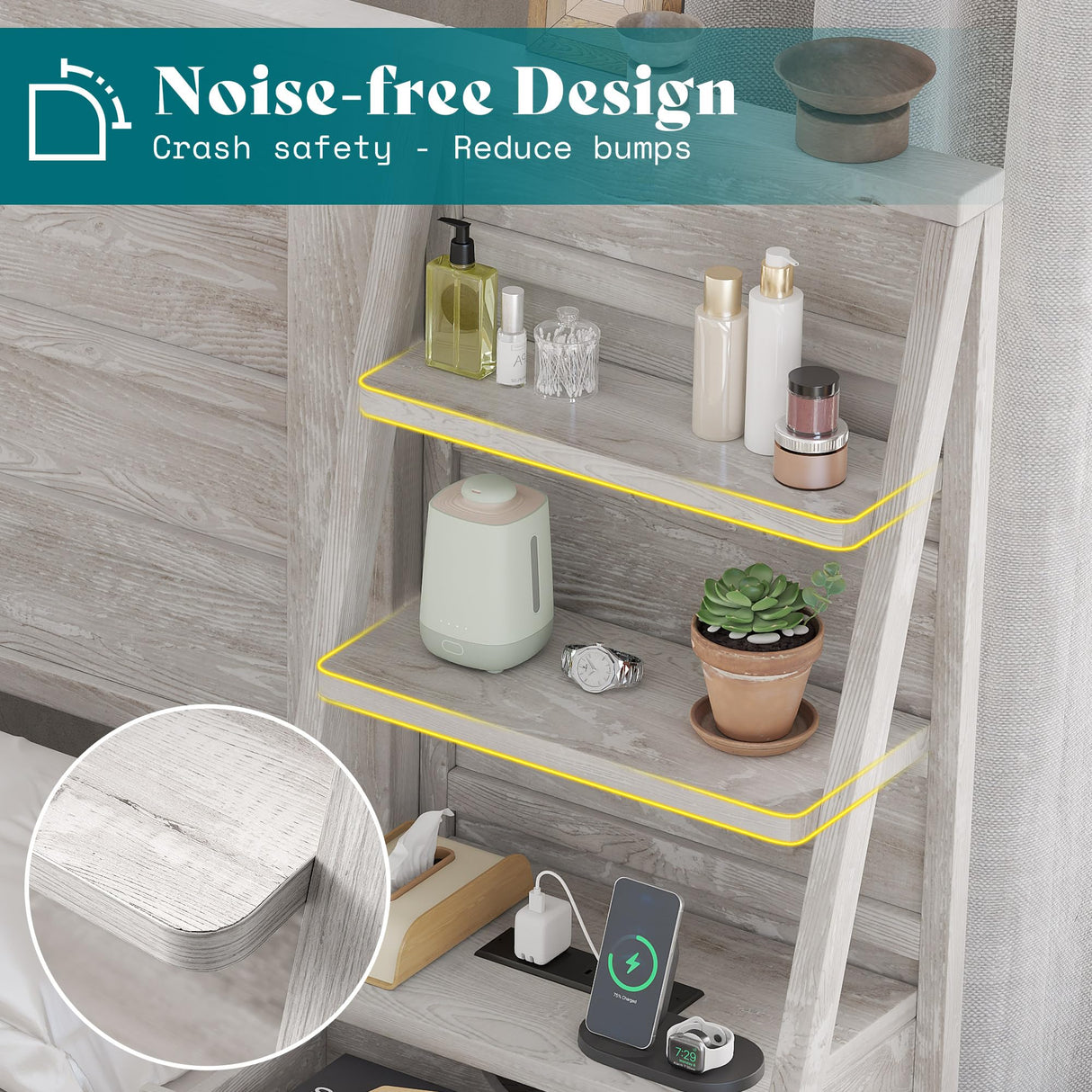 AMERLIFE Full Bed Frame with Wide Headboard and 4-Tier Bookshelves, Farmhouse Platform Bed with Charging Station & 2 Drawers, Noise-Free, No Box Spring Needed, Rustic White AMERLIFE