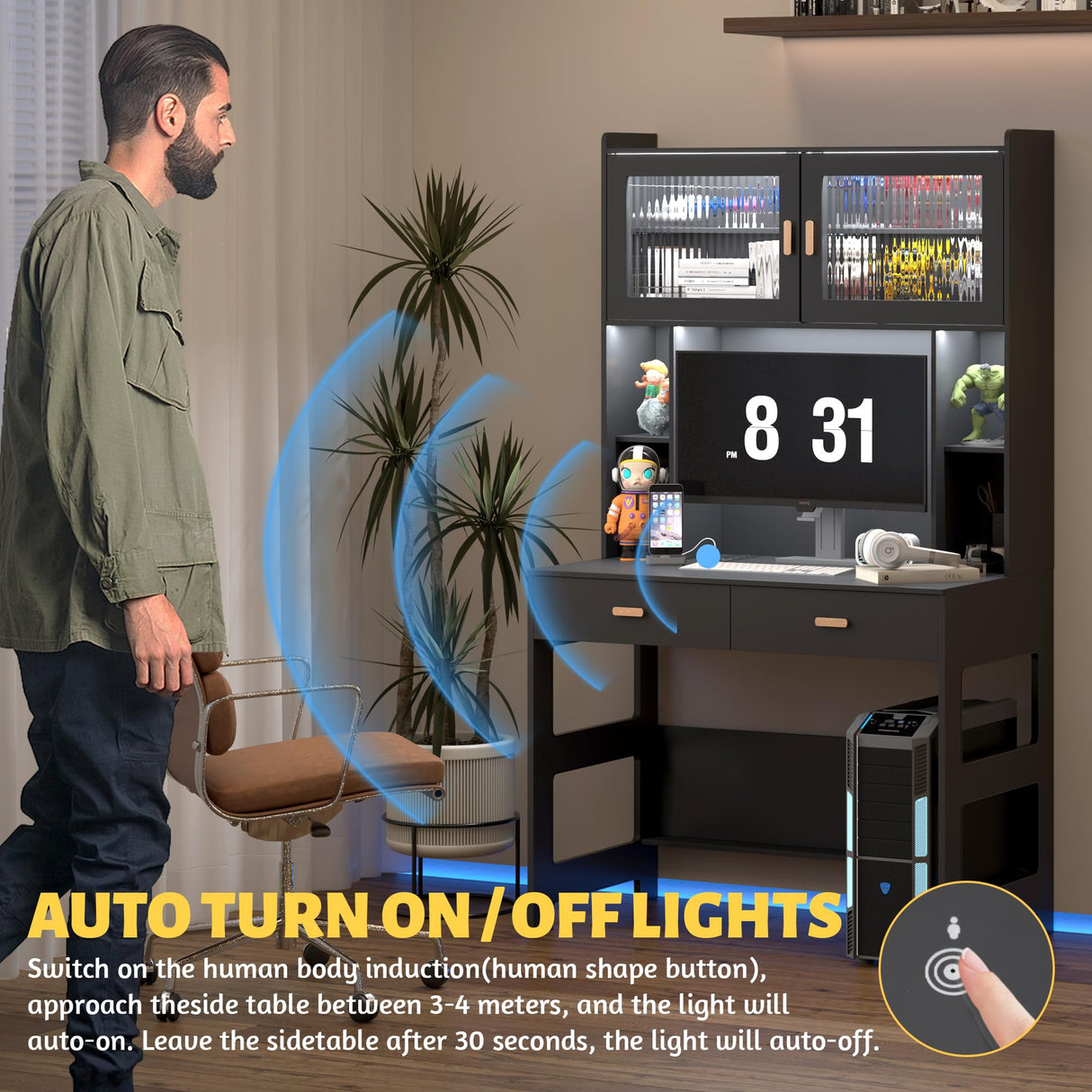 LVSOMT Home Office Desk with Hutch, Modern Computer Gaming Desk with LED Lights & Power Outlets, Black Study Table with Storage Shelves, Teen Writing Desk for Bedroom, 40'' W LVSOMT