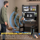 LVSOMT Home Office Desk with Hutch, Modern Computer Gaming Desk with LED Lights & Power Outlets, Black Study Table with Storage Shelves, Teen Writing Desk for Bedroom, 40'' W LVSOMT