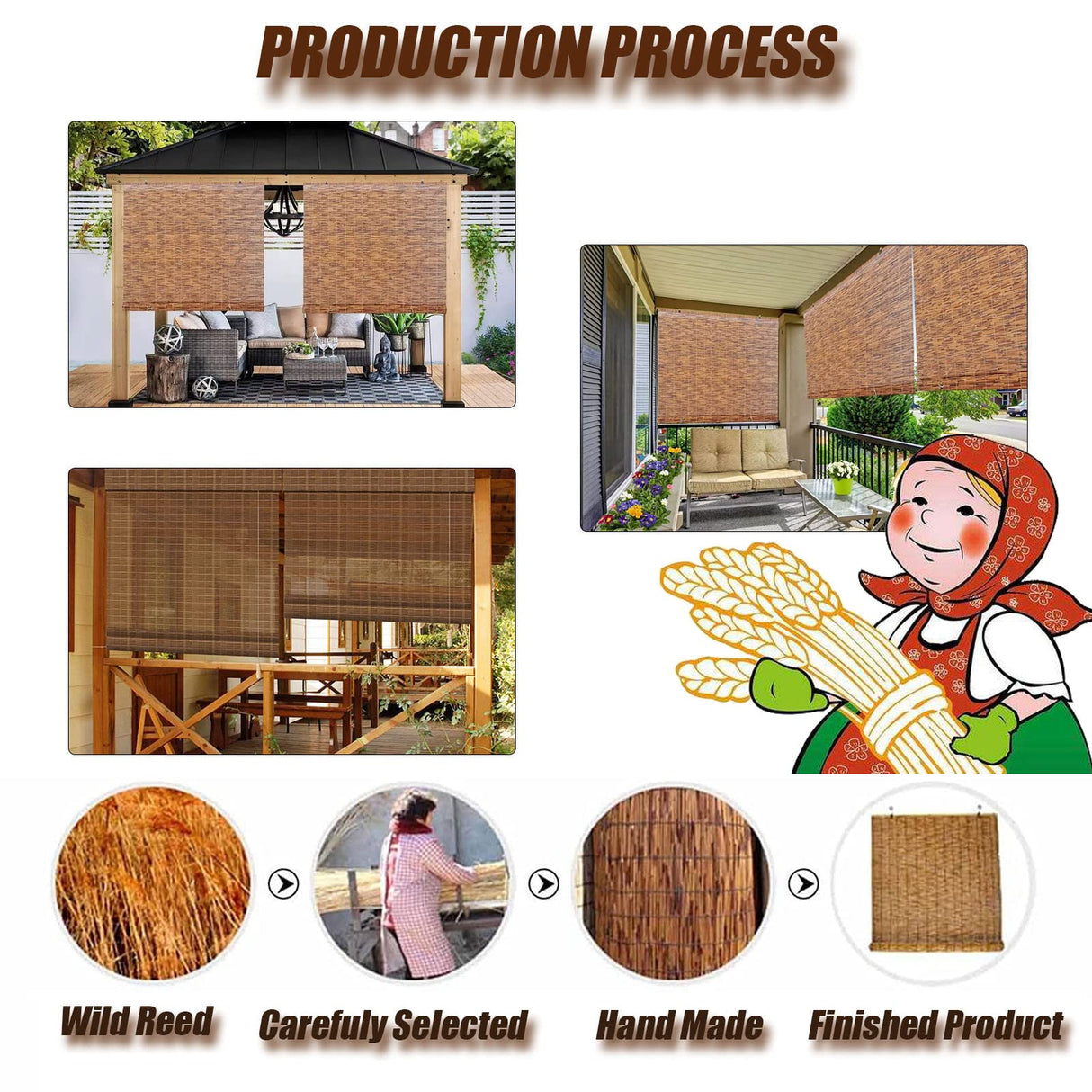 Bamboo Roll Up Shades, Outdoor Blinds for Patio & Garden, Brown 35×51in WEZINK