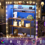 Aheaplus Bakers Rack with Power Outlet, Microwave Stand, 5 Tiers Coffee Bar Station with Led Lights, Kitchen Storage Shelf with 6 S-Shaped Hooks, Kitchen Rack Coffee Bar Stand, Rustic Brown Aheaplus