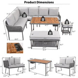 Merax 6 Piece Rope Patio Furniture L-Shaped Set, Outdoor Sectional Sofa Set with Acacia Wood Table with Ice Box, Rope Benches, Rope Conversation Set with Deep Seating & Thick Cushion for Couch,Grey Merax