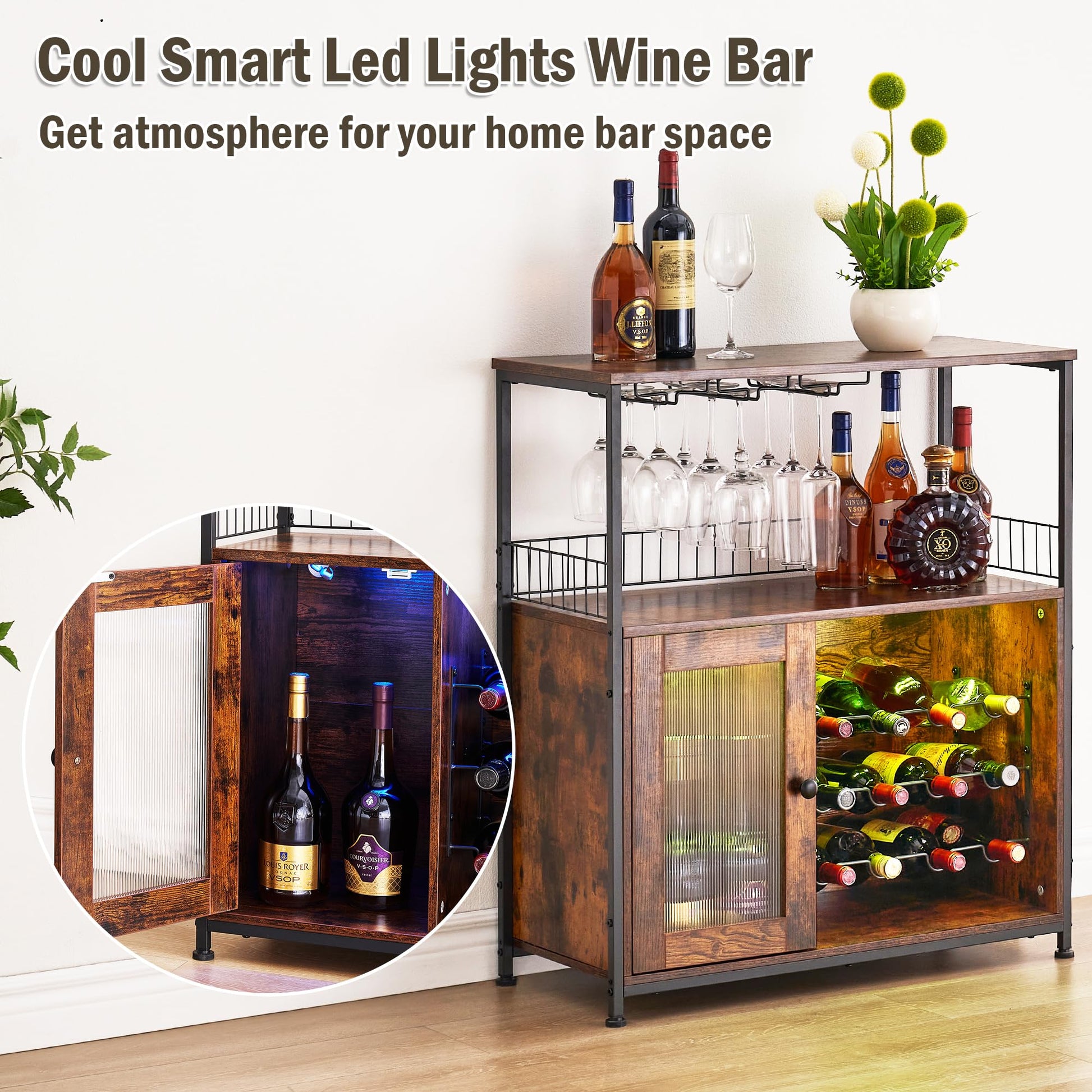 J-yaamiZz Wine Bar Cabinet with Led Lights & Removable Wine Racks, Multifunctional Bar Cabinet with 3 Rows Glass Holder and Acrylic Door for Liquor and Glasses, for Kitchen, Dining Room (Brow - WoodArtSupply