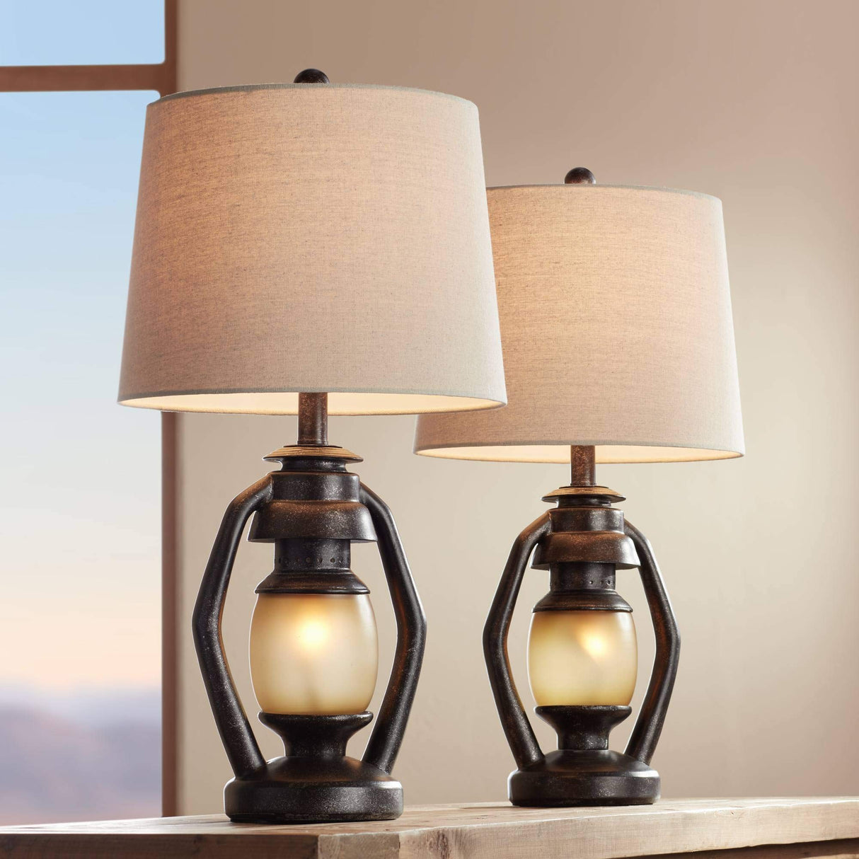 Franklin Iron Works Horace Rustic Farmhouse Table Lamps 25.25" High Full Size Set of 2 with Nightlight Miner Lantern Brown Oatmeal Tapered Drum Shade for Living Room Bedroom House Bedside Nightstand Franklin Iron Works
