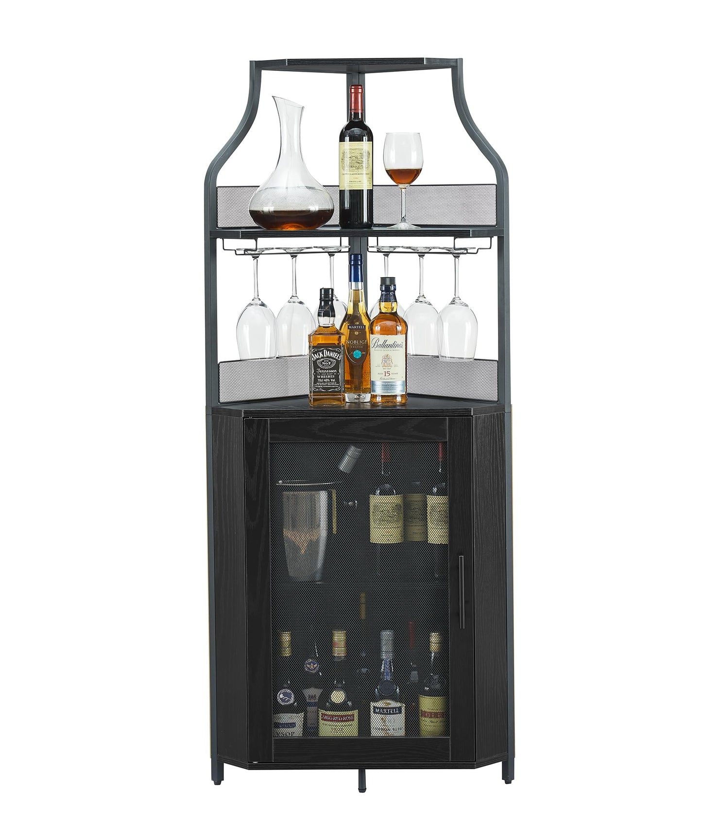 IDEALHOUSE Corner Bar Cabinet, Wine Bar Cabinet with Large Storage Space and Detachable Wine Rack, Wine Cabinets with Glass Holder and Mesh Door for Dining Room, Living Room, Kitchen (Black) - WoodArtSupply