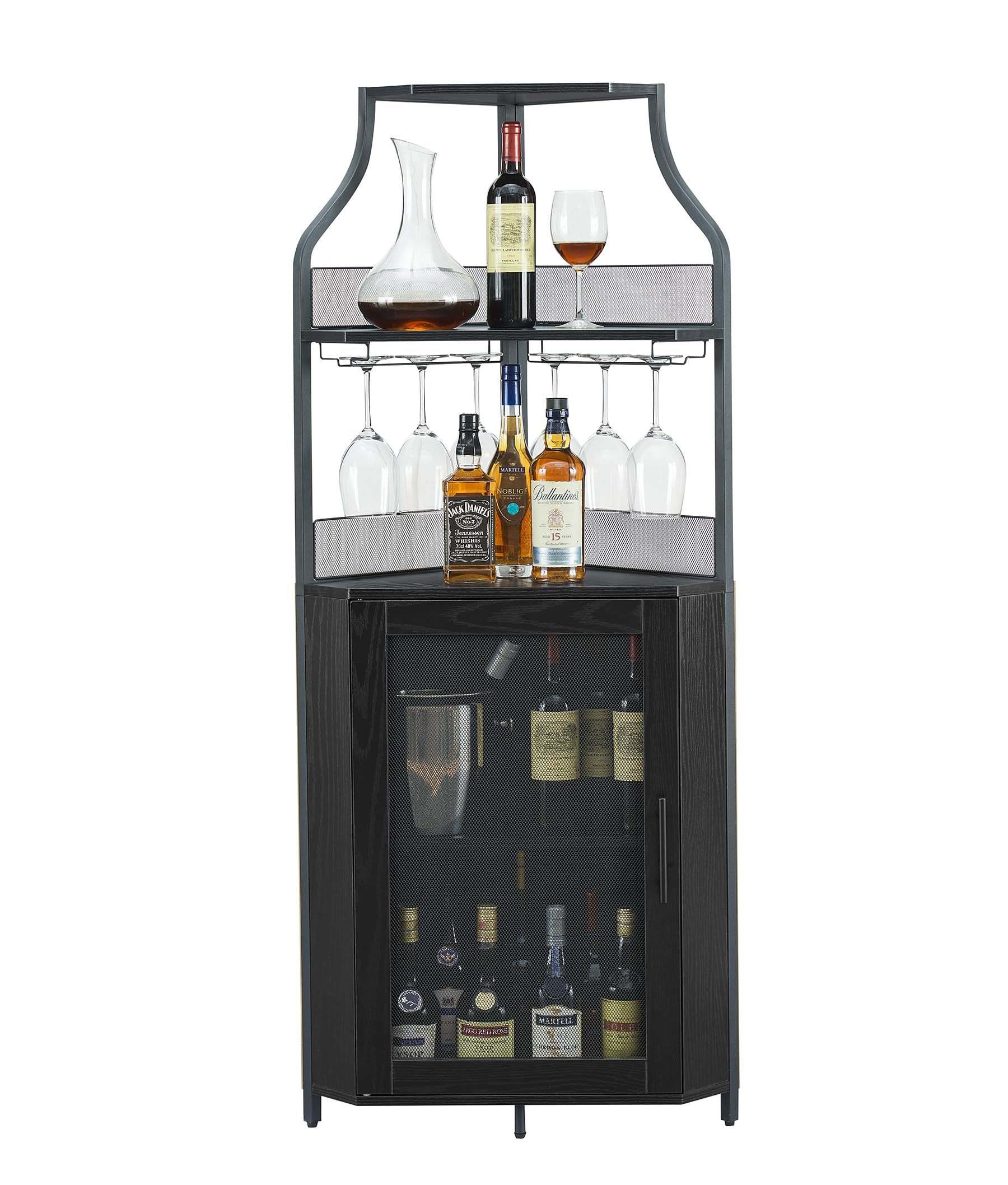 IDEALHOUSE Corner Bar Cabinet, Wine Bar Cabinet with Large Storage Space and Detachable Wine Rack, Wine Cabinets with Glass Holder and Mesh Door for Dining Room, Living Room, Kitchen (Black) - WoodArtSupply