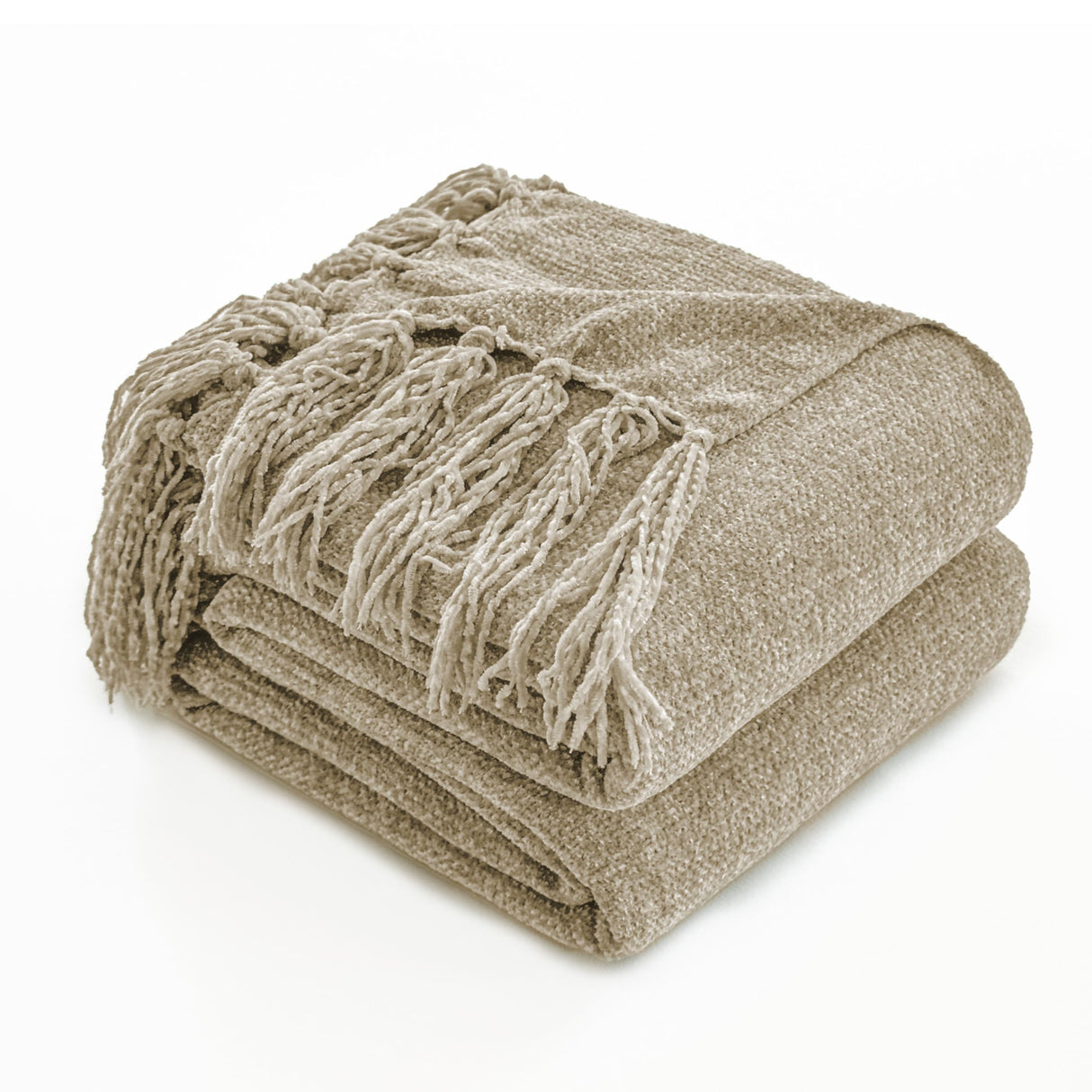Simple&Opulence Soft Chenille Throw Blanket 50'' x 60'' - Cozy Fluffy Blanket with Fringe Tassel, Farmhouse Boho Blankets for Couch Bed Office Chair Gift Home Decor All Season Use, Khaki Simple&Opulence
