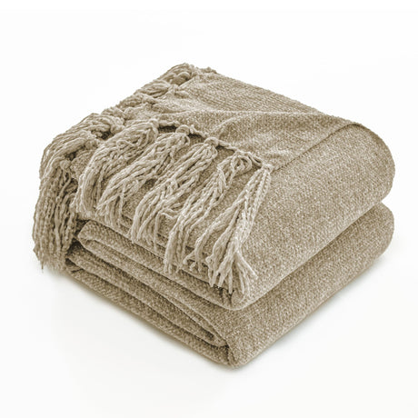 Simple&Opulence Soft Chenille Throw Blanket 50'' x 60'' - Cozy Fluffy Blanket with Fringe Tassel, Farmhouse Boho Blankets for Couch Bed Office Chair Gift Home Decor All Season Use, Khaki Simple&Opulence
