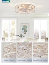 LEDIARY Caged Ceiling Fans with Lights, White Flush Mount Ceiling Fan with Remote, Small Low Profile Bladeless Ceiling Fan Light Fixture for Bedroom, Kitchen, Dining Room-White Gold Color LEDIARY