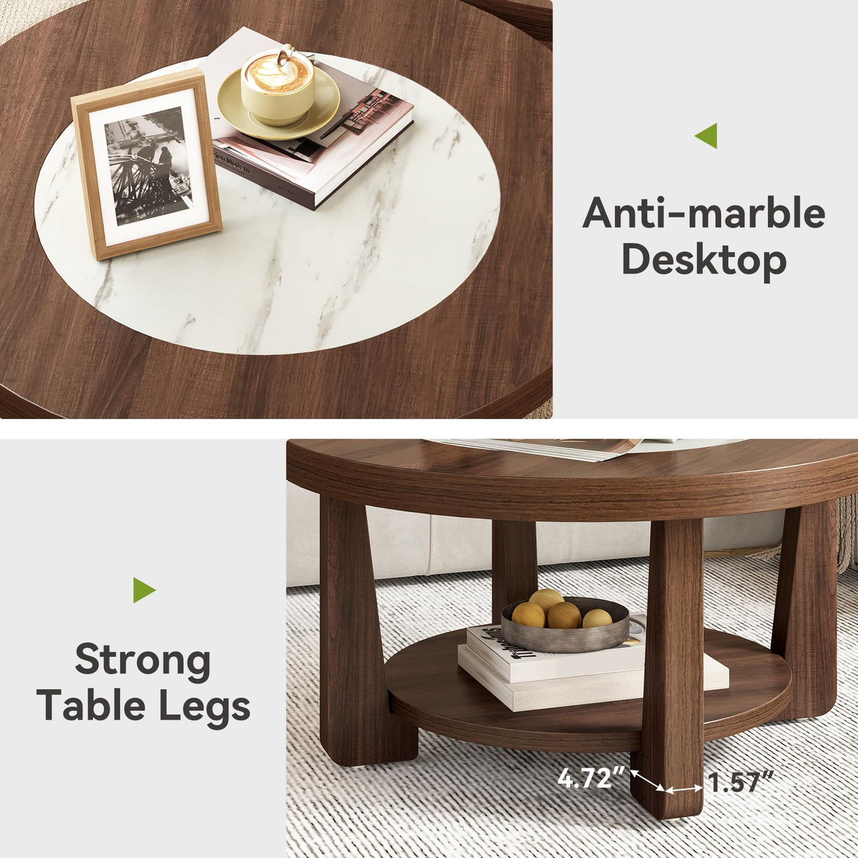 LITTLE TREE Modern Round Coffee Table, 2-Tier Wood Coffee Table with Storage, Marble-Like Tabletop for Living Room, Simple & Modern Center Table for Small Space, Brown LITTLE TREE