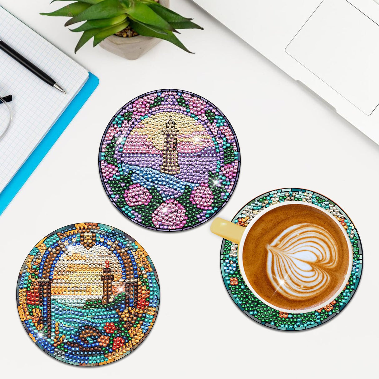 Sitsink Landscape Diamond Painting Coasters - 8 Pcs Lighthouse Diamond Art Kits for Adults, Gem Art Painting Coasters Kit with Holders Sitsink