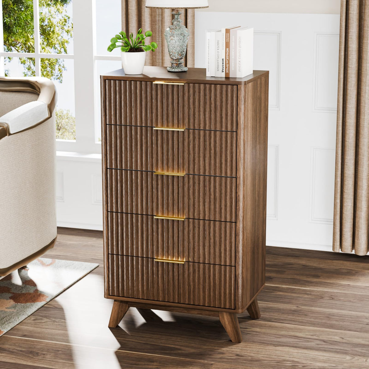 VINGLI Fluted Tall Dresser 5 Drawer, 23.66" W Chest of Drawers, Walnut Wood Dresser for Bedroom Mid Century Modern with Rounded Edge, 23.66" W*15.59" D*44.88" H VINGLI