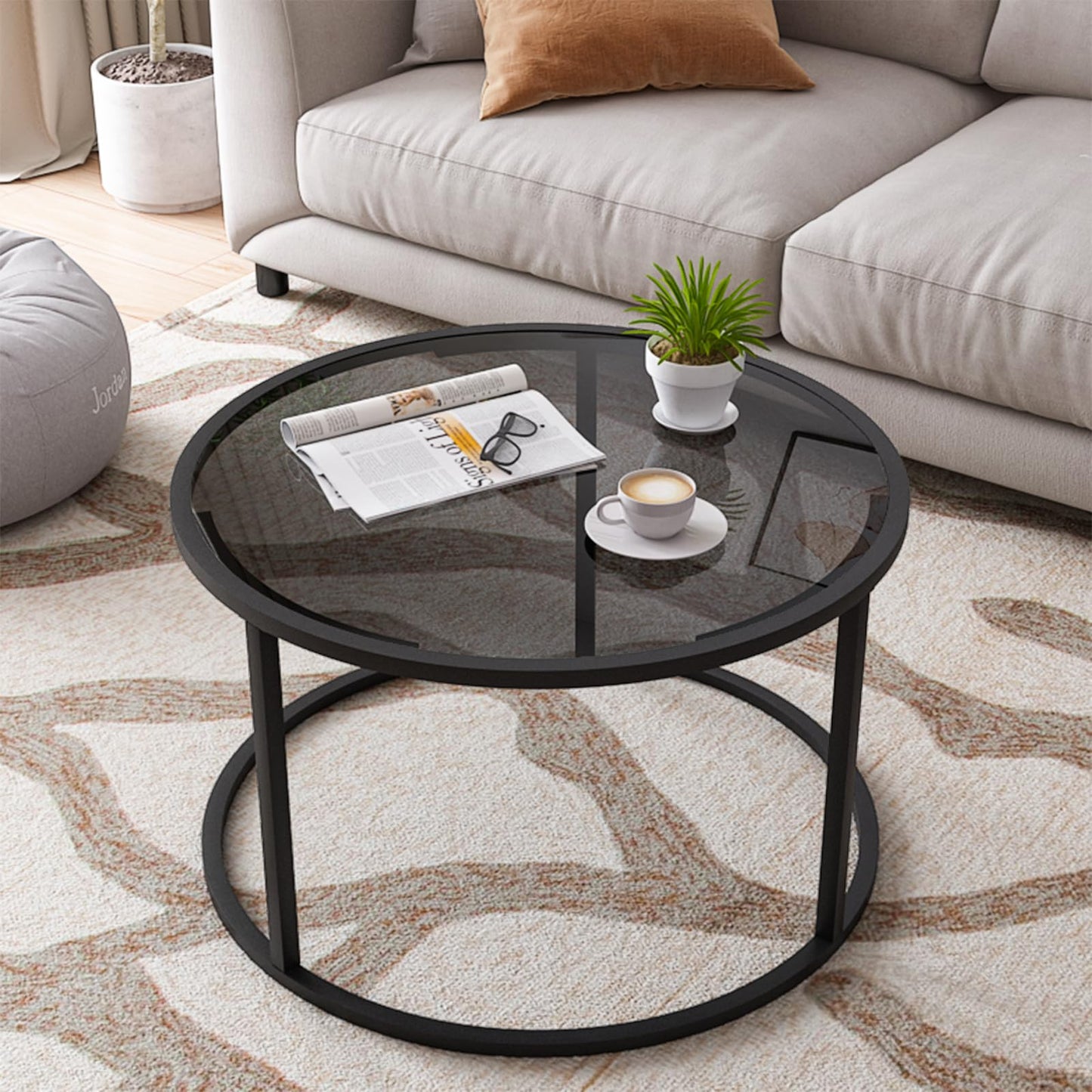 Glass Coffee Table Modern Center Table,Minimalist Round Coffee Tea Table,Tempered Glass-top with Sturdy Metal Frame for Living Room Bedroom Office and Small Space, 27 x 27 x 17 Inch,Gray Blac - WoodArtSupply