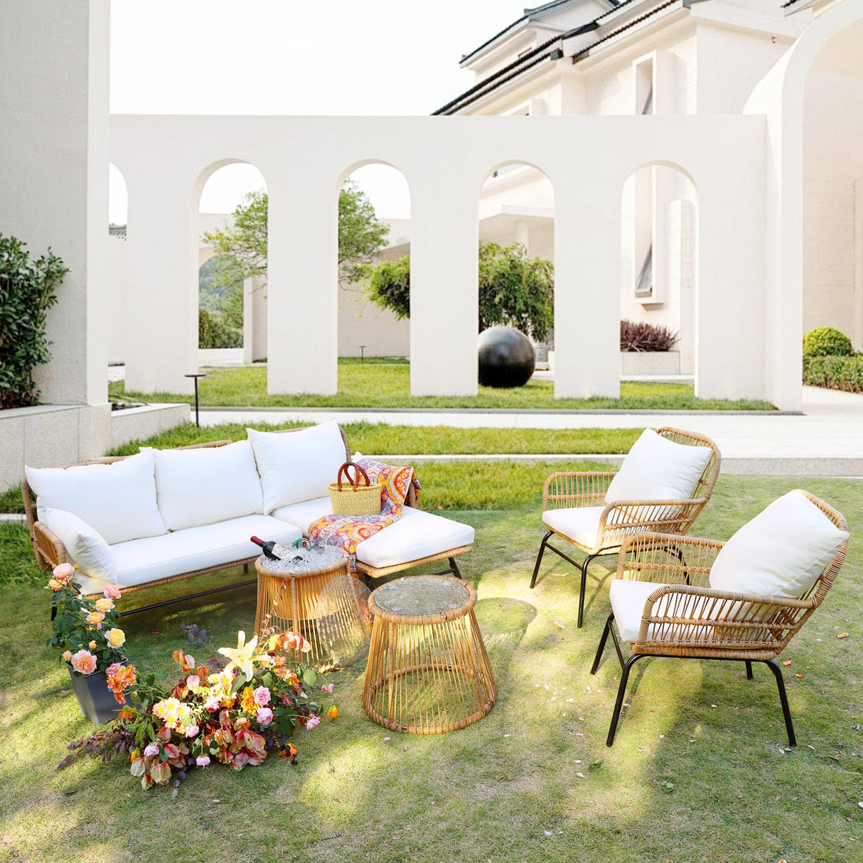 NICESOUL® 6 Pcs Boho Outdoor Small Patio Furniture Lounge Set with Beige Cushion and Round Glass Table with Ice Bucket Natural Color Wicker Conversation Sofa Set for Garden Balcony Deck NICESOUL