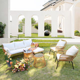 NICESOUL® 6 Pcs Boho Outdoor Small Patio Furniture Lounge Set with Beige Cushion and Round Glass Table with Ice Bucket Natural Color Wicker Conversation Sofa Set for Garden Balcony Deck NICESOUL