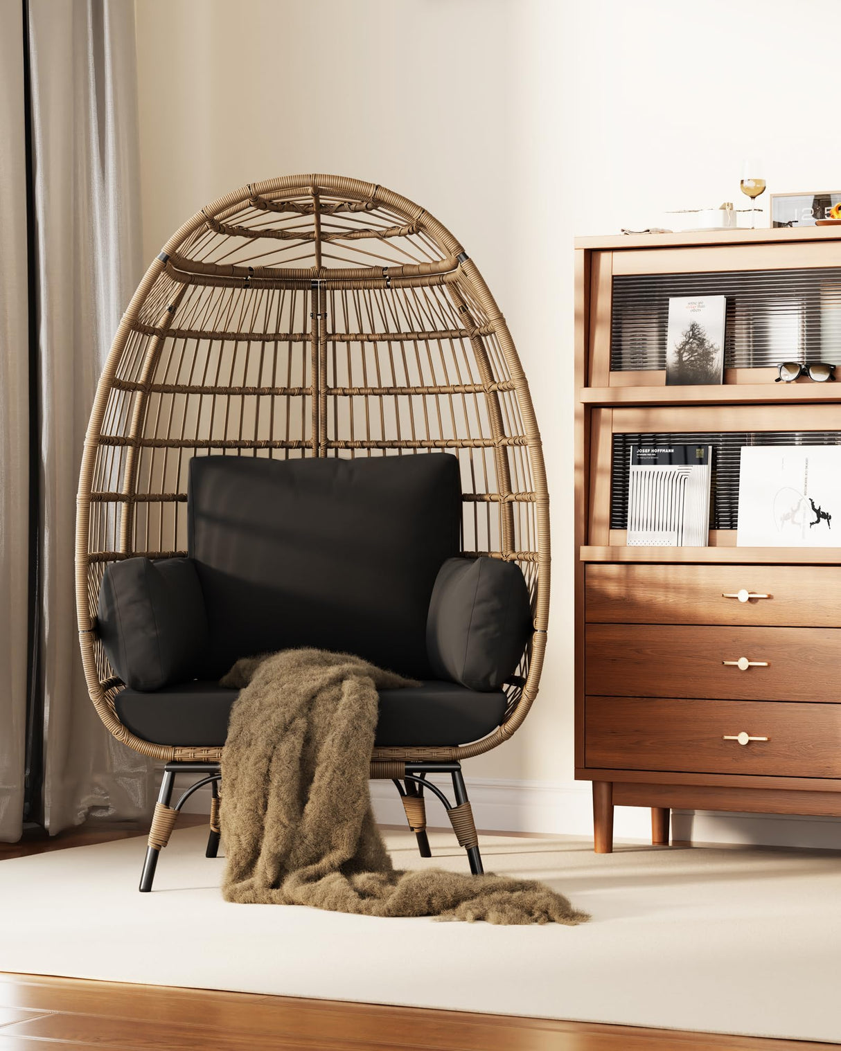 Oversized Wicker Egg Chair Outdoor, Patio Lounge Chair with Ultra Luxury Cushions & Steel Frame, 350LBs Capacity Egg Chair Indoor Outdoor for Balcony, Patio, Living Room, Black GarveeHome