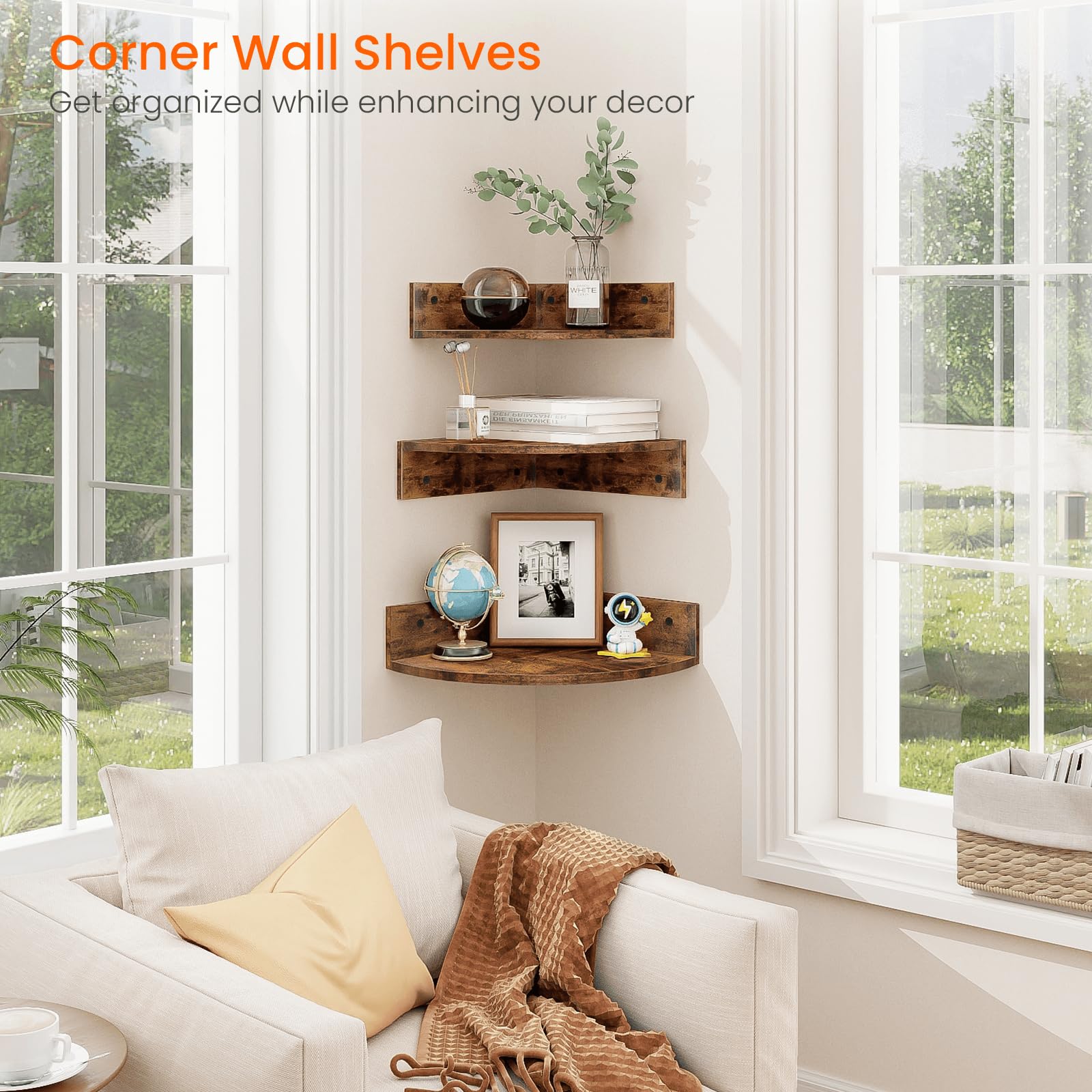 Top Floating Corner Shelves for Wall Mounted Decor Storage Shelves Set of 4 Wood