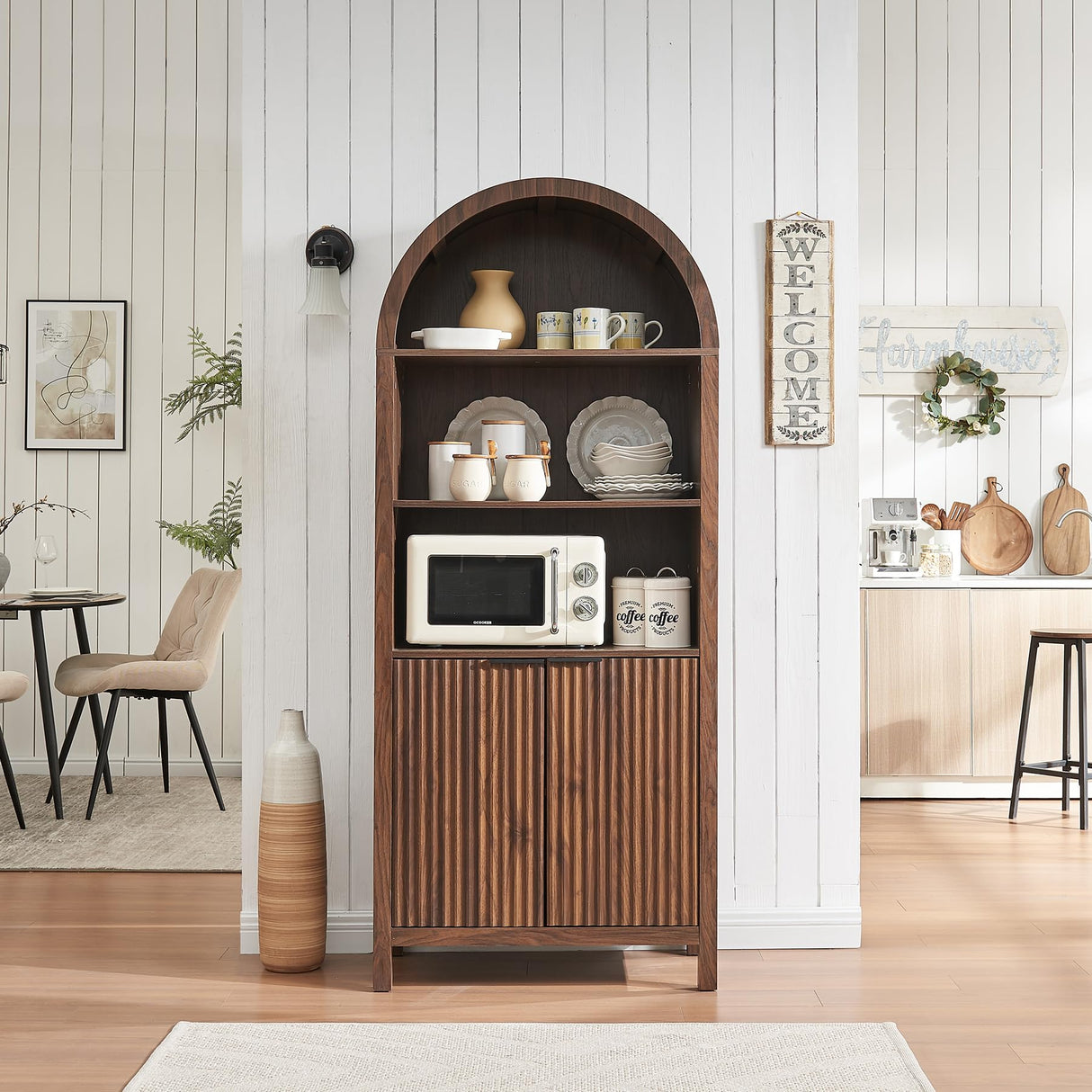 WINWY Arched Cabinet Bookshelf Bookcase - 71” Tall Mid Century Arched Display Cabinets, Rounded Bookshelf with Fluted Doors, Open Shelf Storage Cabinet for Dining Room (Walnut) WINWY