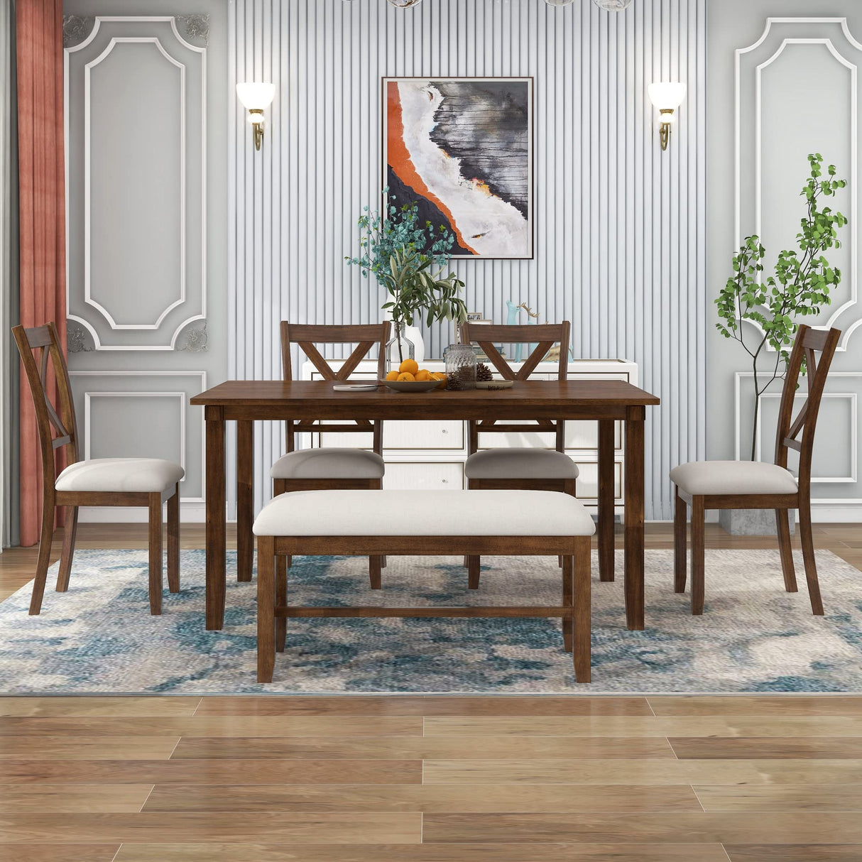 Harper & Bright Designs 6 Pieces Dining Table Set, Wooden Rectangle Table and 4 Chairs with Bench with Cushion, Kitchen Table Chairs Set for 6 Persons, Dining Room Set - Natural Cherry Harper & Bright Designs