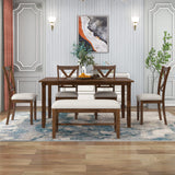 Harper & Bright Designs 6 Pieces Dining Table Set, Wooden Rectangle Table and 4 Chairs with Bench with Cushion, Kitchen Table Chairs Set for 6 Persons, Dining Room Set - Natural Cherry Harper & Bright Designs