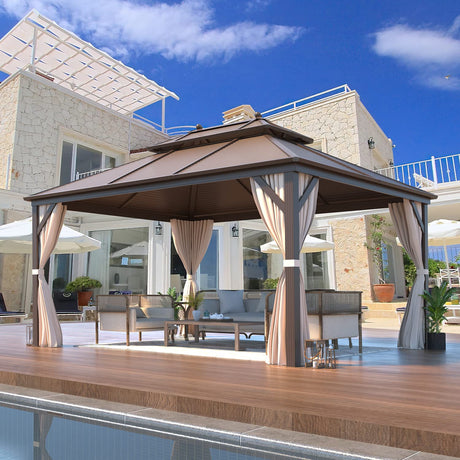 MELLCOM 10' x 13' Hardtop Gazebo, Galvanized Steel Metal Double Roof Aluminum Gazebo with Curtains and Netting, Brown Permanent Pavilion Gazebo with Aluminum Frame for Patio, Lawn & Garden MELLCOM