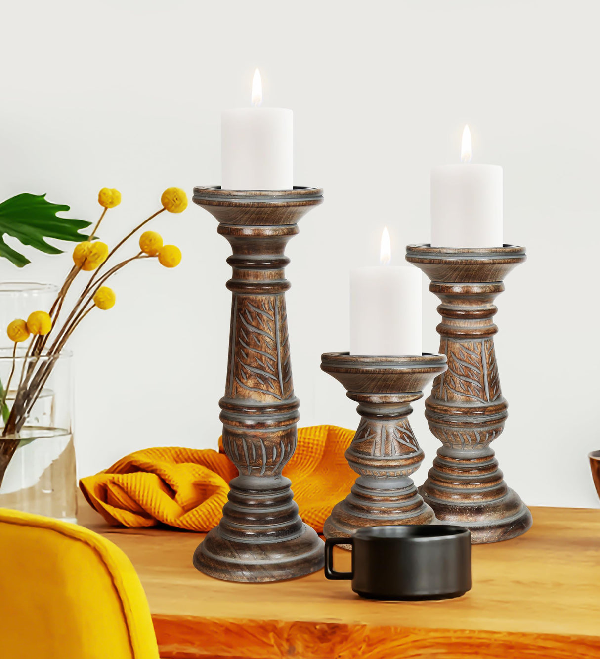 Candle Holders for Pillar Candles (Grey Wash, Set of 3) - Mangowood Candle Stand - Farmhouse Wooden Candle Holders Pillar Leaf Design - Candle Holder Decor for Table Centerpiece - 6”, 9”, 12” The Wooden Town