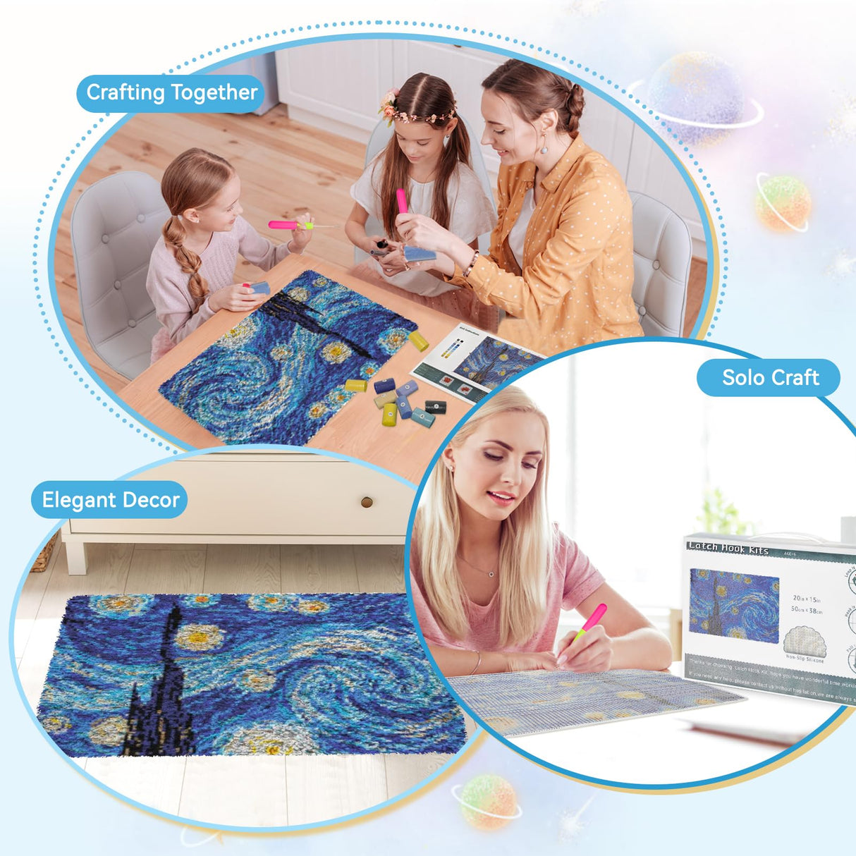 EsLuker.ly Latch Hook Rug Kit DIY Crochet Carpet for Adults Kids Beginners, Starry Sky Patterns Pre-Printed Canvas Yarn Rug Hooking Kits, Creative Craft Home Decor Ideal for Learning Rug Making EsLuker.ly