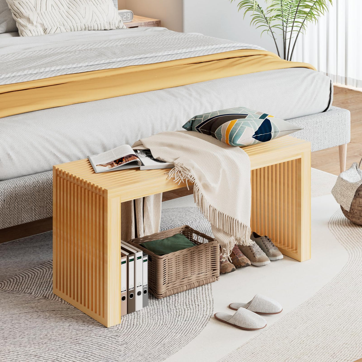 APRTAT Bamboo Dining Bench Indoor Long Bench Entryway Shoe Rack Bench,Outdoor Modern Wood Benches 35 Inch Bamboo Bench for Living Room Hallway Bedroom Bathroom Nature Long APRTAT