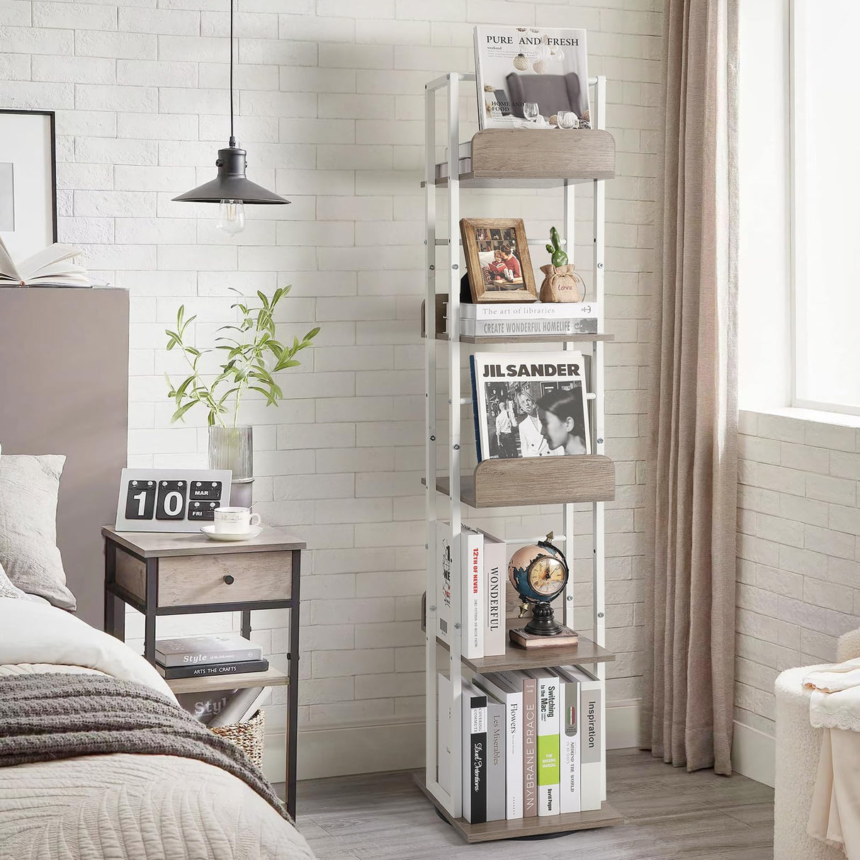 Bikoney 5-Tier Rotating Bookshelf Tower - Tall Industrial White Bookcase for Corners and Small Spaces Bikoney