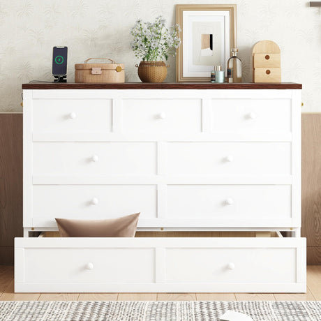 DaiNNCN Cabinet Murphy Bed with Storage Drawer and Charging Station,Cube Foldable Platform Bed,Space-Saving for Living Room,No Box Spring Needed,Full Size,White+Walnut DaiNNCN