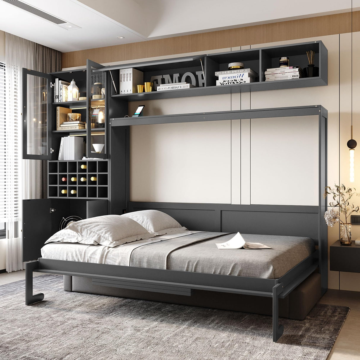 HABITRIO Full Size Murphy Bed, Wall Bed with Sofa, Shelves USB & Light, Gray HABITRIO