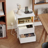 Fixwal Night Stand with Charging Station, LED Nightstand with U-S-B Ports and Outlets, 2 Fabric Storage Drawers with PU Finish, Bed Side Table, White Fixwal