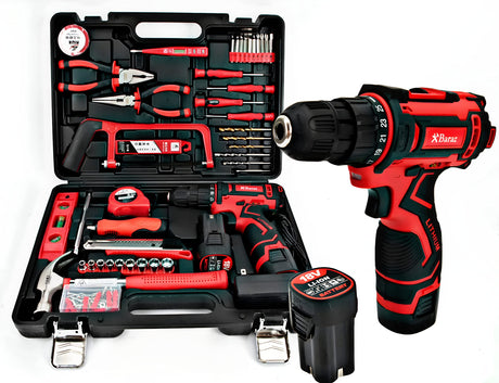 Tool set with 18v cordless drill (2 battery), 126 pieces professional home tool combo Kit. Cordless power Drill and Toolbox set for Household, Homeowners, office, garden, house repair and maintenance. Baraz