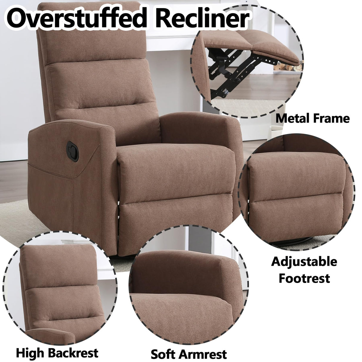 Slim Lazy Boy Recliners for for Adults, Swivel Rocking Chair Recliner with High Back, Small Recliner Chair for Small Spaces, Manual Reclining Chair for Living Room, Adjustable Footrest (Brown) Thctvous
