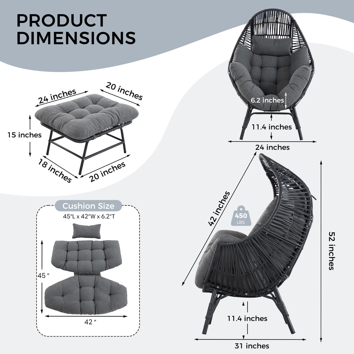 IRONCK Wicker Outdoor Egg Chair with Ottoman, Patio Lounge Chair with Footrest, Thickened Padded Cushion and Headrest, Egg Seat for Patio, Living Room, Garden, Balcony, Dark Gray IRONCK