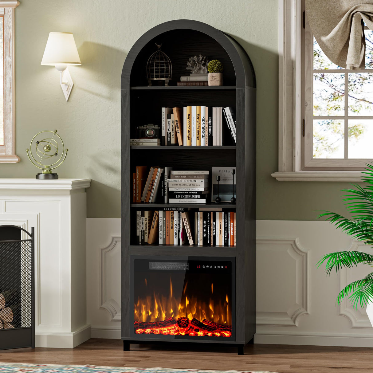 2-in-1 Arched Cabinet with Electric Fireplace–Black Bookcase, Open Book Shelf for Living Room, 71” Tall Wooden Display Cabinet, Kitchen Pantry, Adjustable Shelves, 23'' ETL-Certified Fireplace Insert BREEZEHEAT