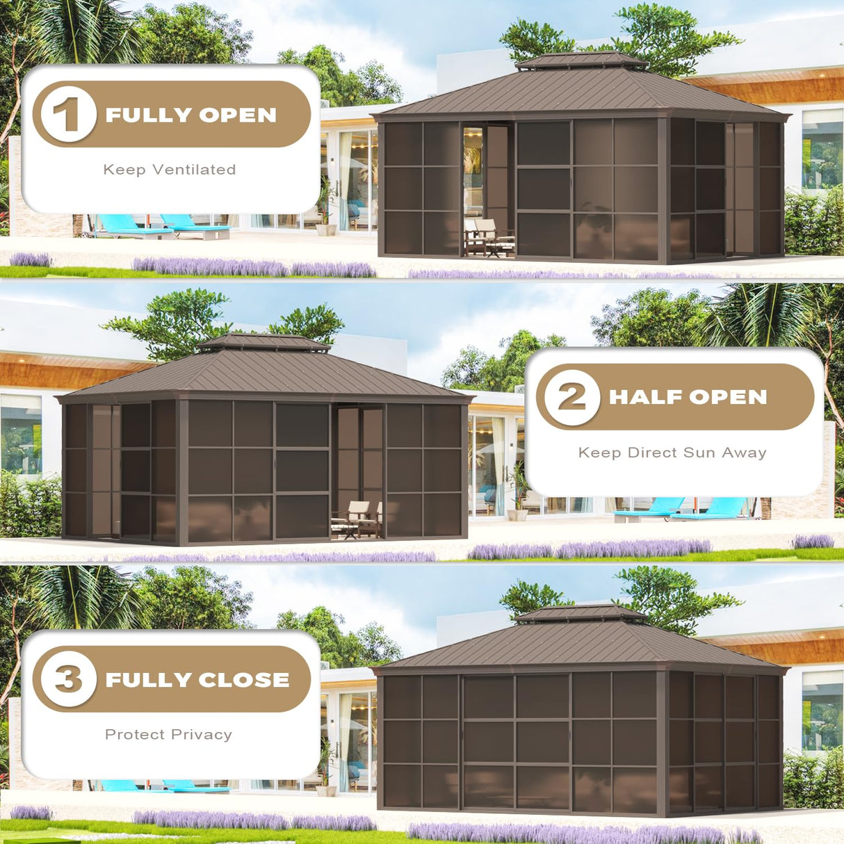 EROMMY 12' x 16' Sunroom, All-Season Gazebo Solarium with Galvanized Steel Roof, Aluminum Frame, Outdoor Permanent Sun Room with Sliding Door EROMMY