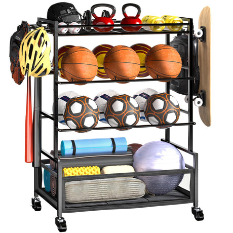 SOYEEZE Sports Equipment Organizer- Ball Storage for Garage,4 Tiers Outdoor Toy Storage,Soccer Racks,Basketball Shooting Training Stand Cart with Wheels and Hooks for Home-School and Gym Use SOYEEZE